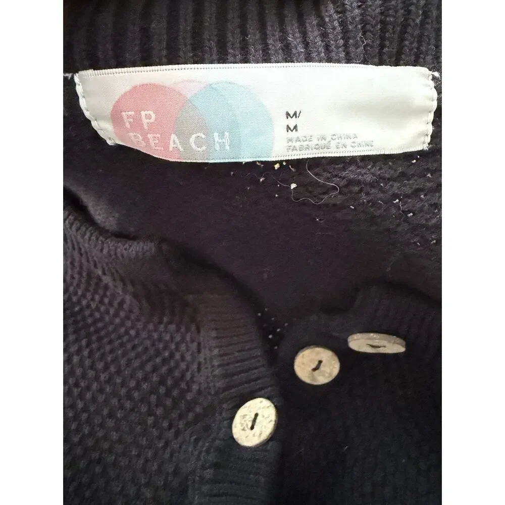 FP Beach Free People Hailee Sweater •M• Black Waffle Knit Oversized Buttons